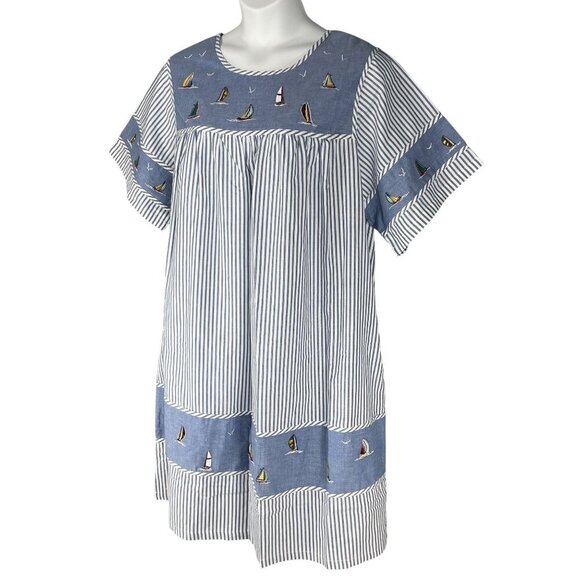 National Women 2X Chambray Striped Nautical Embroidery Dress Costal Beachy Artsy - Picture 6 of 15